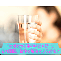 水分補給している女性の手元とむくみに関する疑問を伝えるテキスト画像